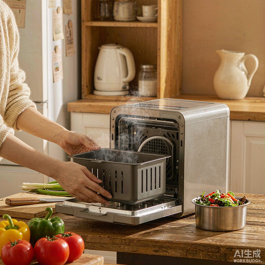 Home cook sliding a dishwasher-safe basket into an air fryer in a warm kitchen