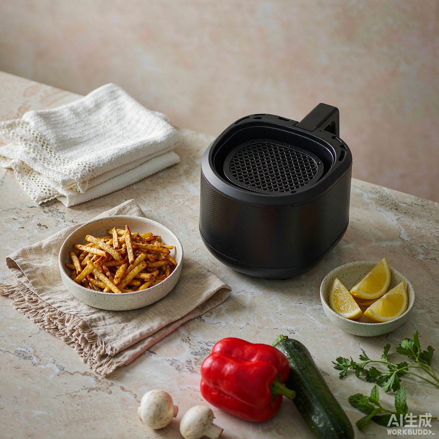 Modern air fryer with crispy fries and fresh vegetables on a marble kitchen counter