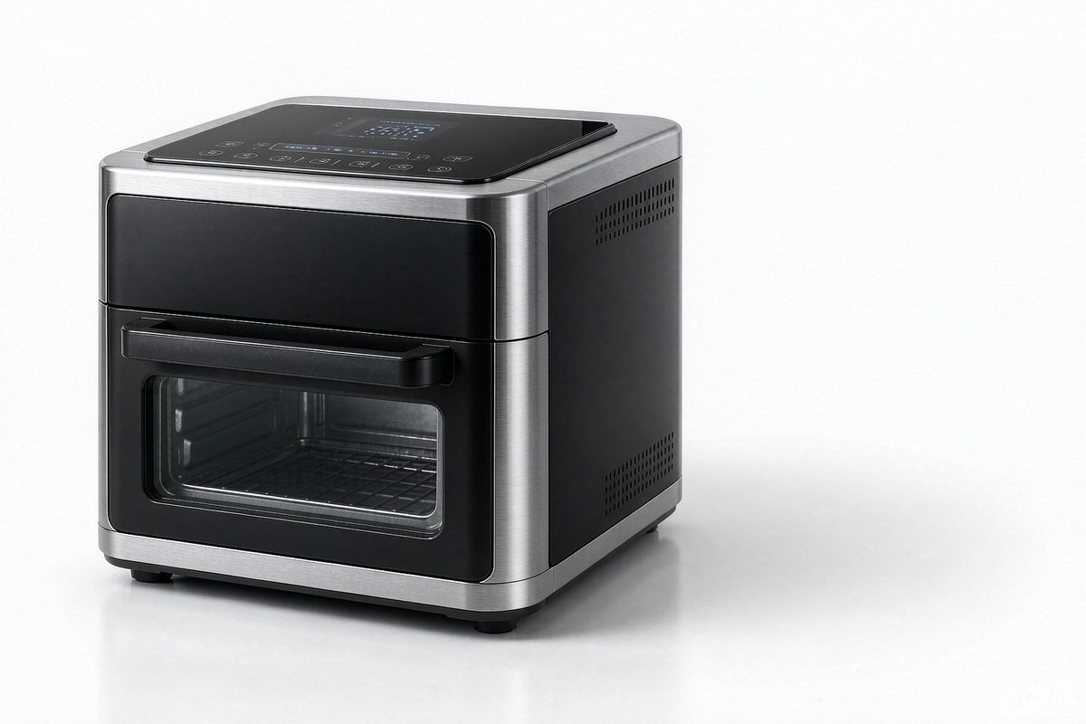 Stainless steel and matte black air fryer with digital control panel on a white studio background